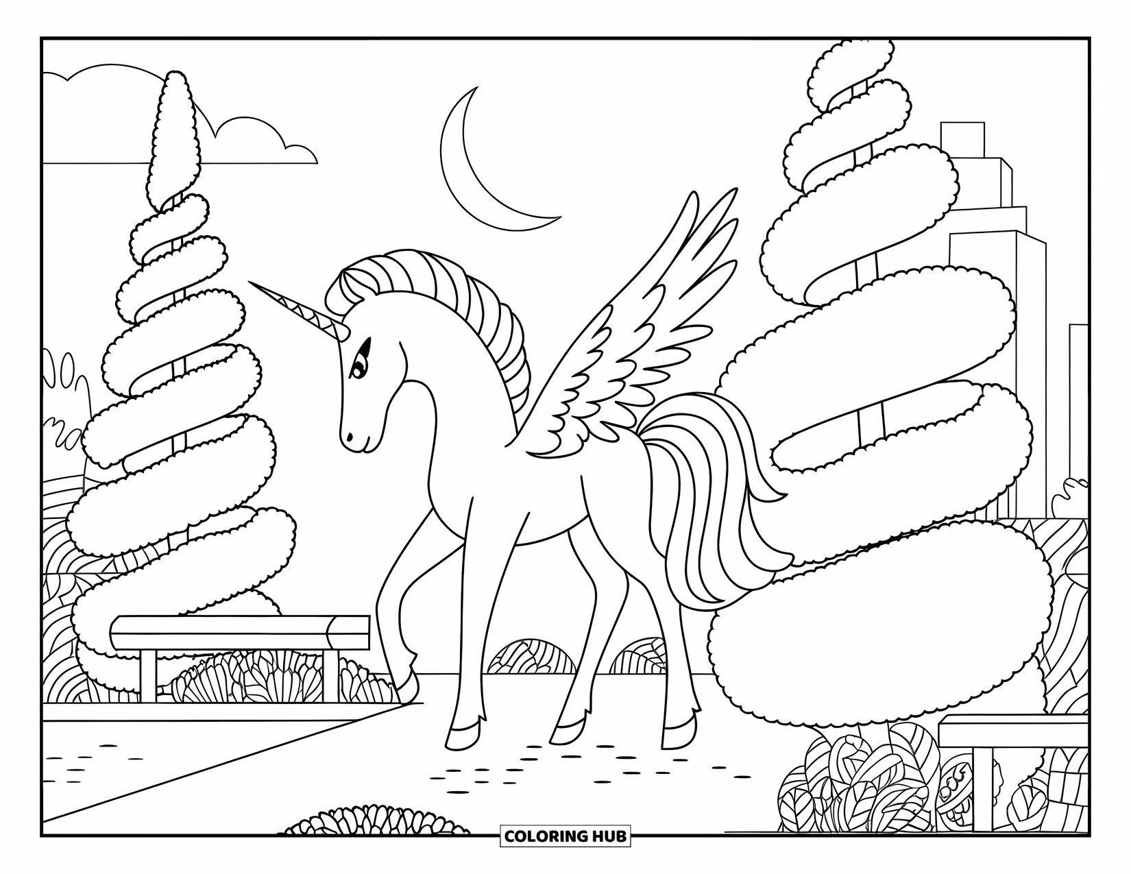 Desenho de Alicórnio para Colorir para Adultos: Um alicórnio pacífico caminha por um caminho de jardim perto de árvores e bancos em espiral