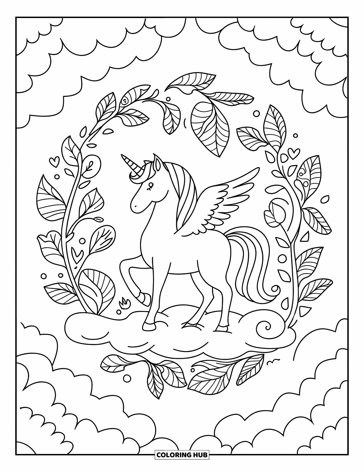 Desenho de Alicórnio para Colorir para Adultos: Um unicórnio está em uma nuvem envolto em vinhas e folhas encaracoladas