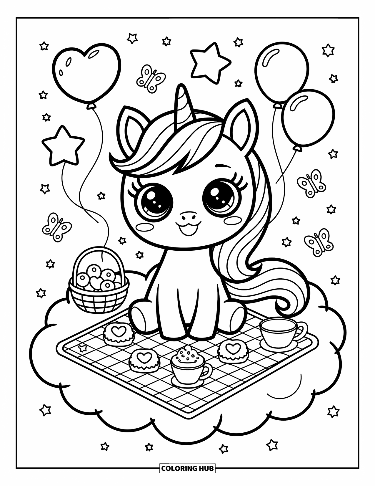 Desenho de Alicórnio para Adultos: Um alicórnio desfruta de um piquenique em uma nuvem fofa com cupcakes e biscoitos