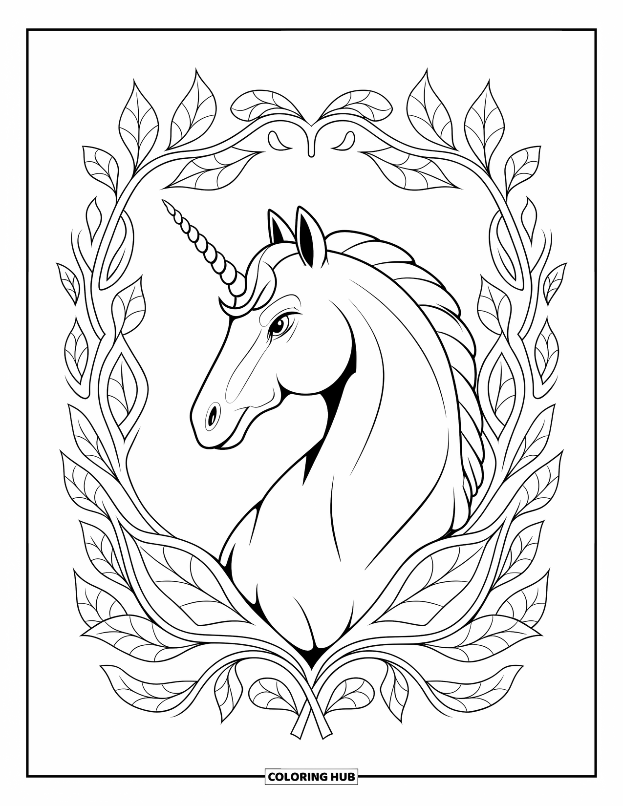 Desenho de Alicórnio para Colorir para Adultos: Um alicórnio é emoldurado por vinhas e folhas retorcidas em um fundo branco