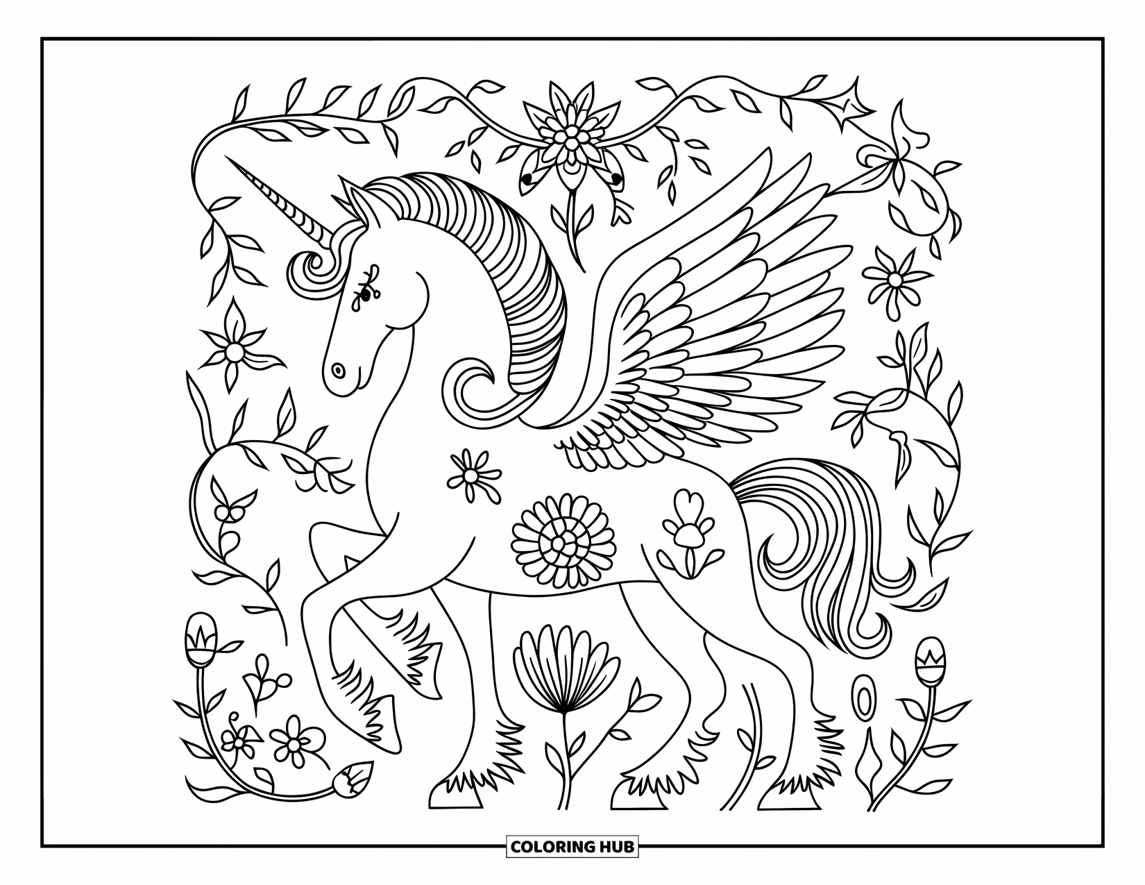 Desenho de Alicórnio para Colorir para Adultos: Um alicórnio está entre florais de fantasia e vinhas rodopiantes