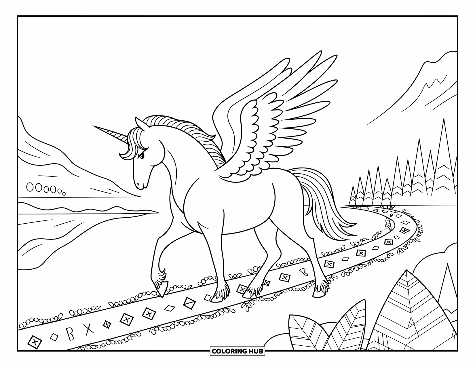 Desenho de Alicórnio para Colorir para Adultos: Um alicórnio caminha por um caminho mágico alinhado com runas e hera