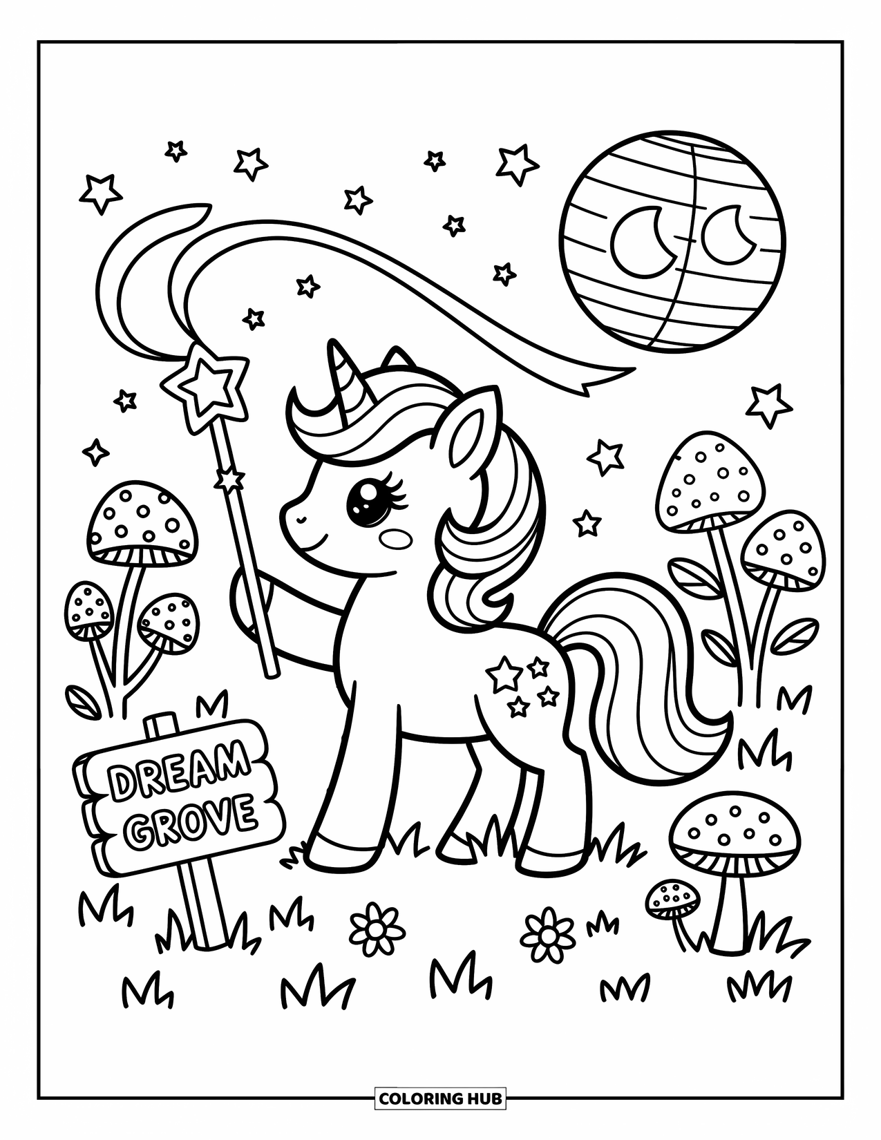 Desenho de Alicórnio para Adultos: Um alicórnio acena com uma varinha de estrela em um prado de flores e cogumelos mágicos