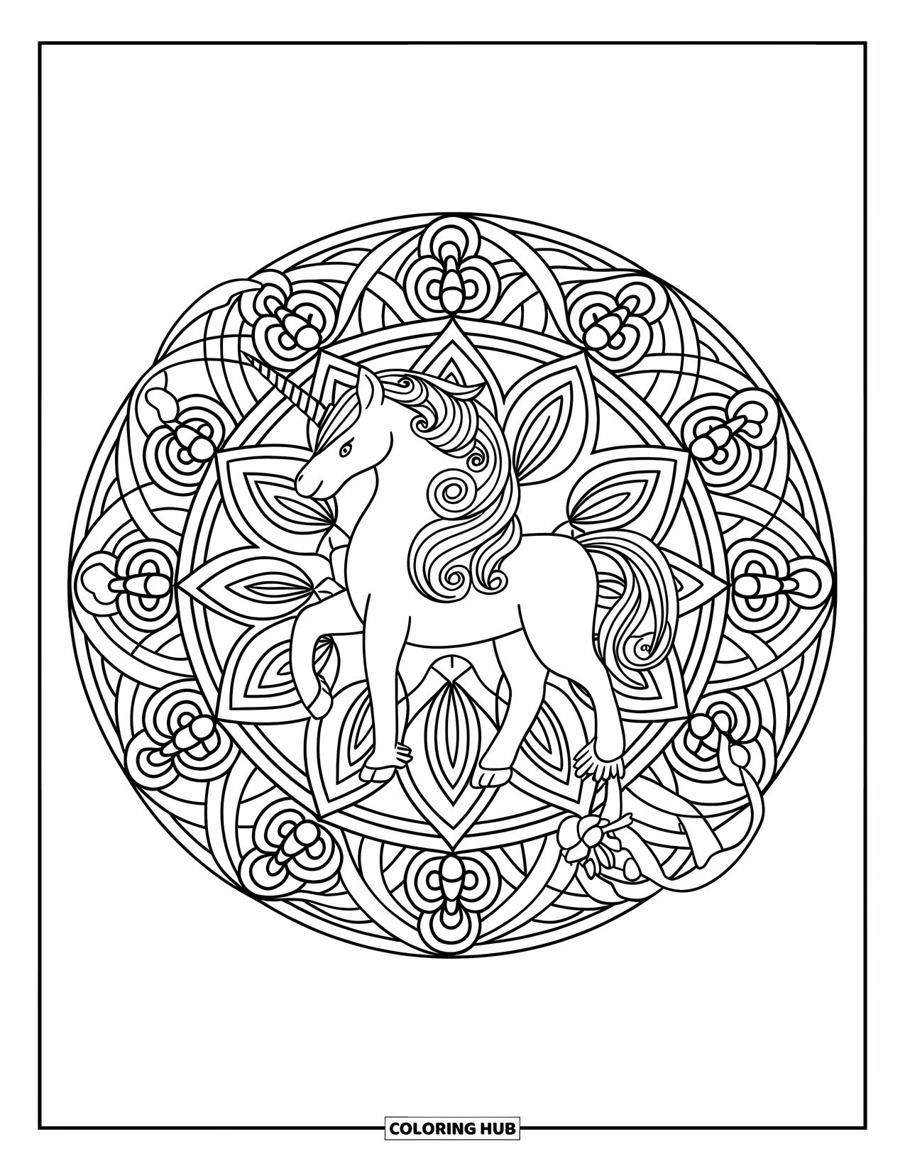 Desenho de Alicórnio para Colorir para Adultos: Um alicórnio com corpo de leão repousa dentro de uma mandala circular