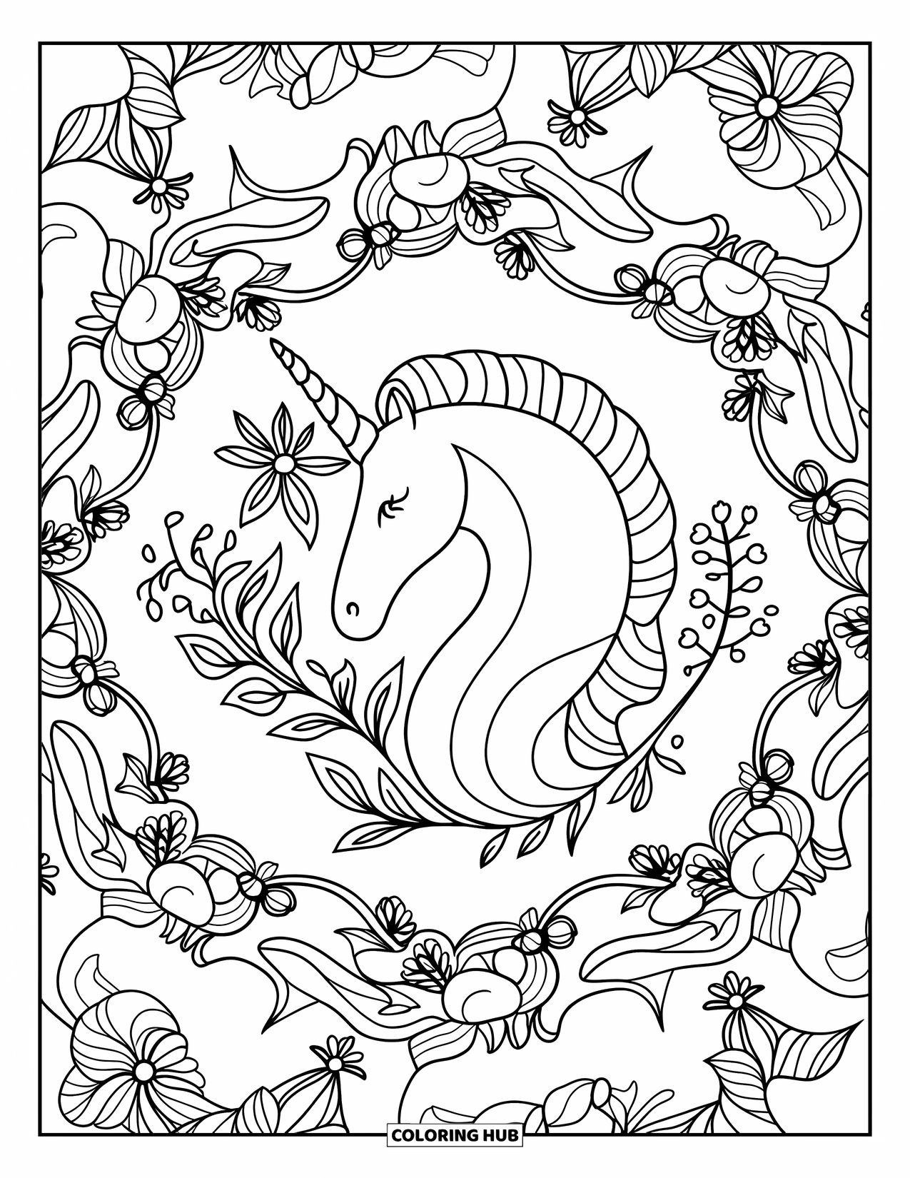 Desenho de Alicórnio para Colorir para Adultos: Um alicórnio com flores e folhas está aninhado em uma mandala rodopiante