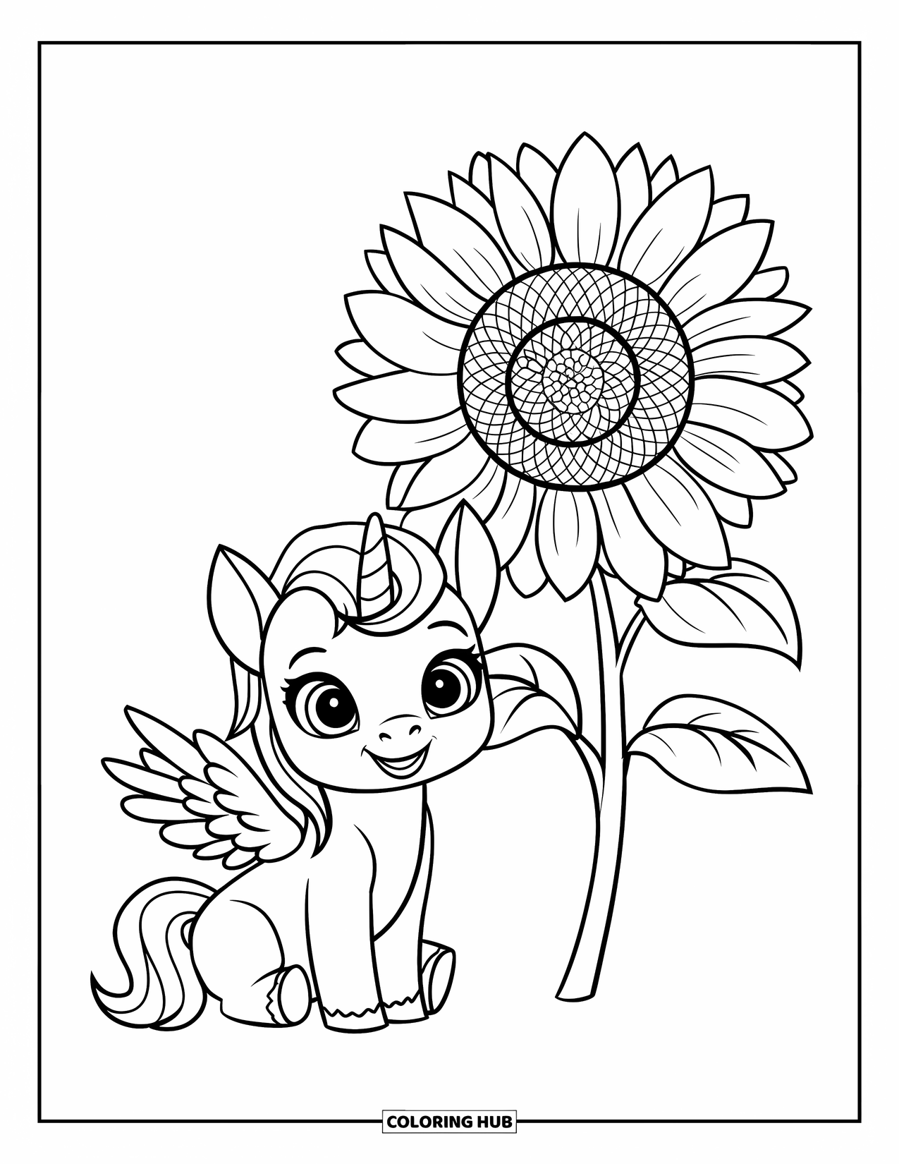 Desenho de Alicórnio para Crianças: Um bebê alicórnio senta-se ao lado de um girassol grande e alegre