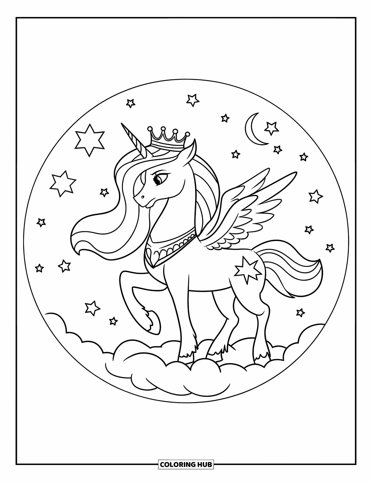 Desenho de Alicórnio para Crianças: Um alicórnio coroado com uma crina fluindo está sob estrelas e uma lua crescente