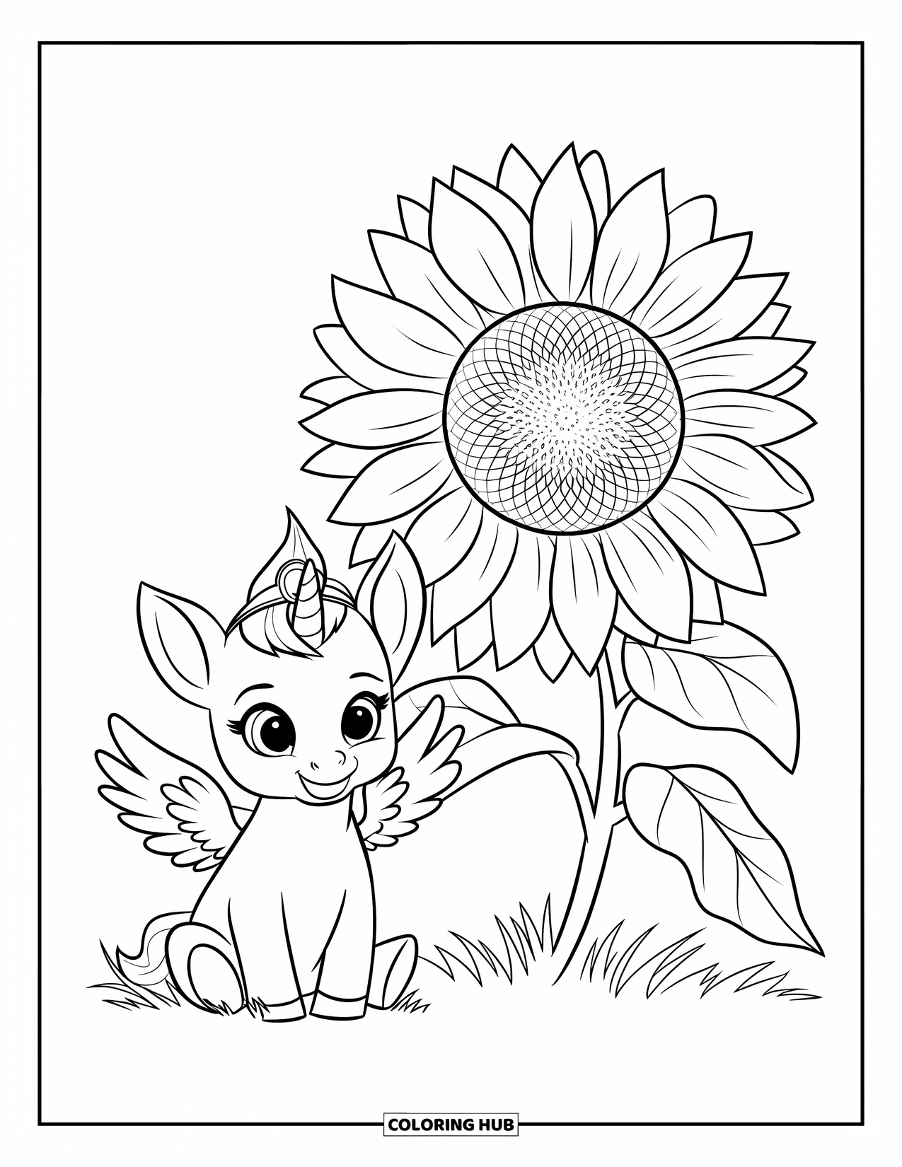 Desenho de Alicórnio para Crianças: Um bebê alicórnio coroado descansa ao lado de um girassol brilhante