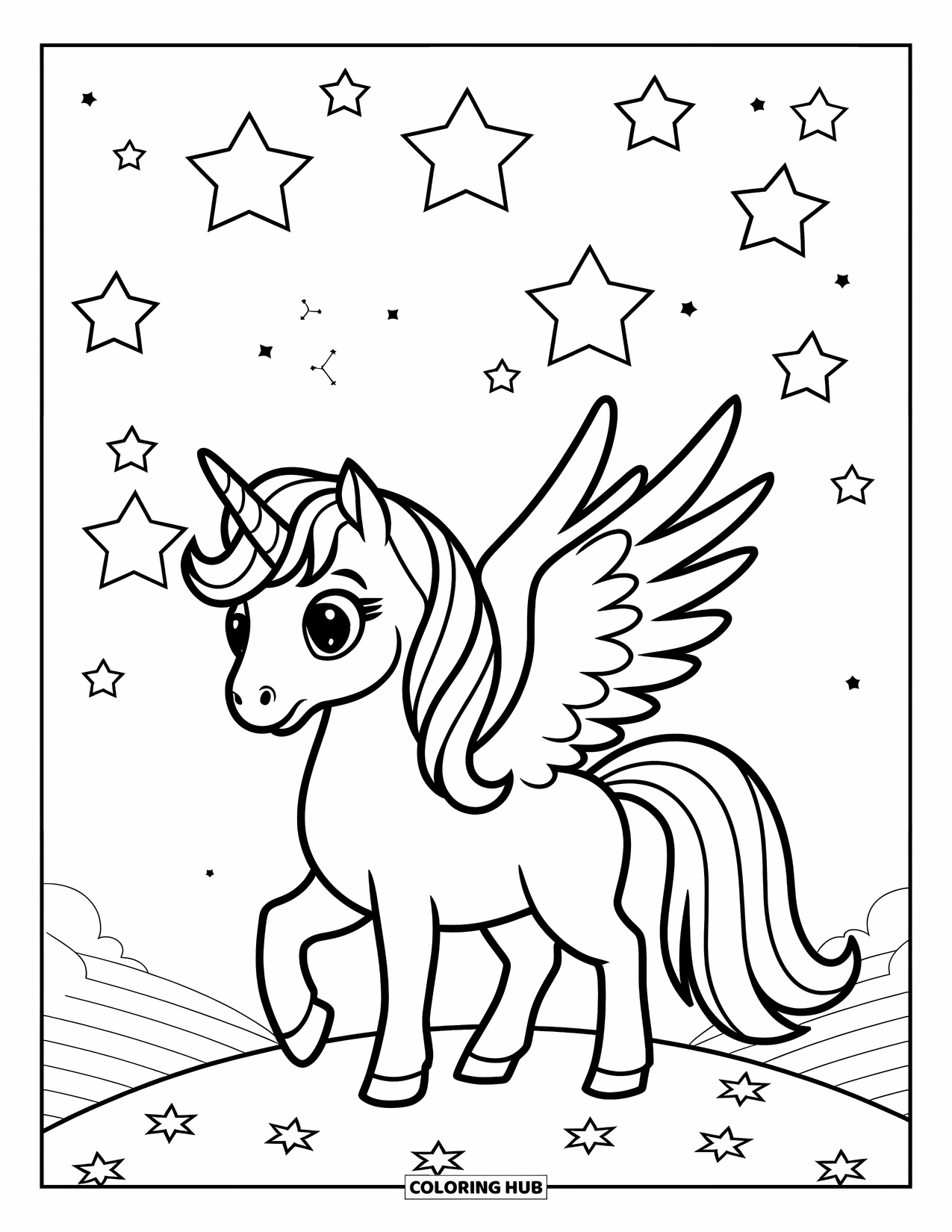 Desenho de Alicórnio para Crianças: Um alicórnio fofo está em uma colina sob estrelas cintilantes