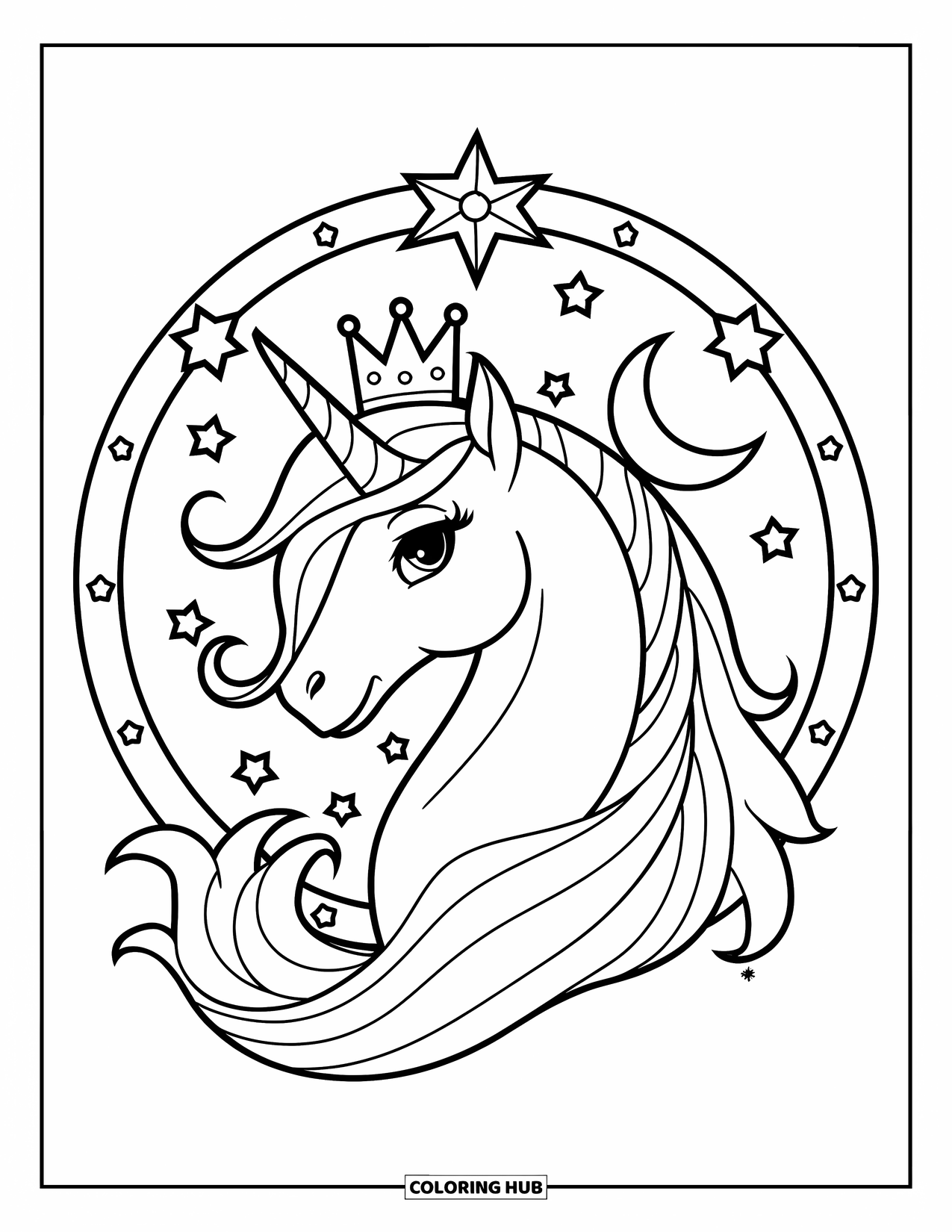 Desenho de Alicórnio para Crianças: Um alicórnio coroado fofo está em um círculo mágico cheio de estrelas