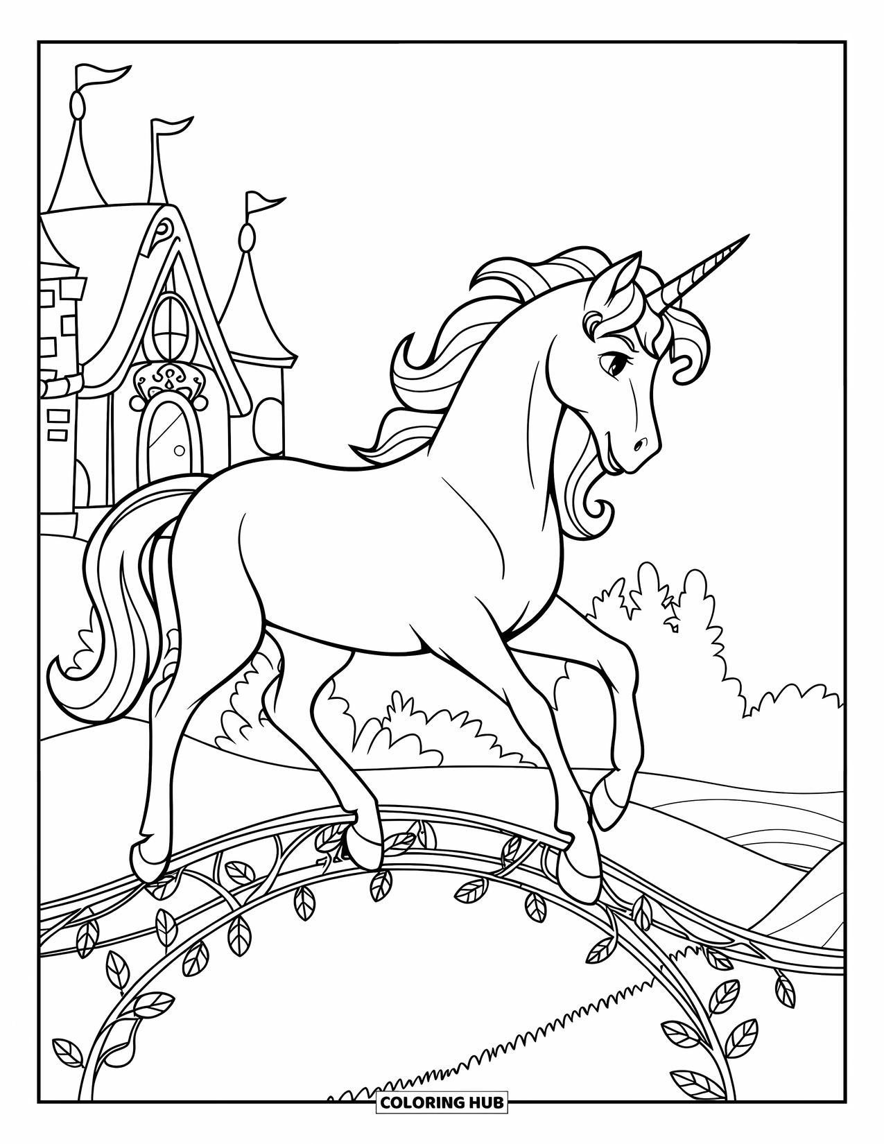 Desenho de Alicórnio para Crianças: Um alicórnio com chifre de fada caminha por uma ponte de vinha perto de um castelo