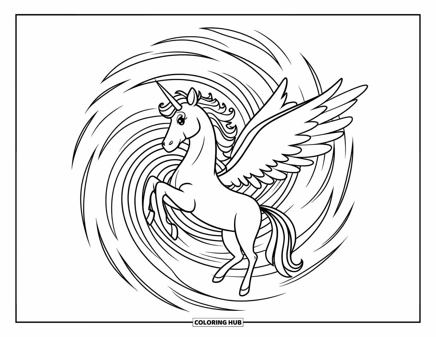 Desenho de Alicórnio para Crianças: Um alicórnio com asas de fada bate em frente a um padrão de vento rodopiante