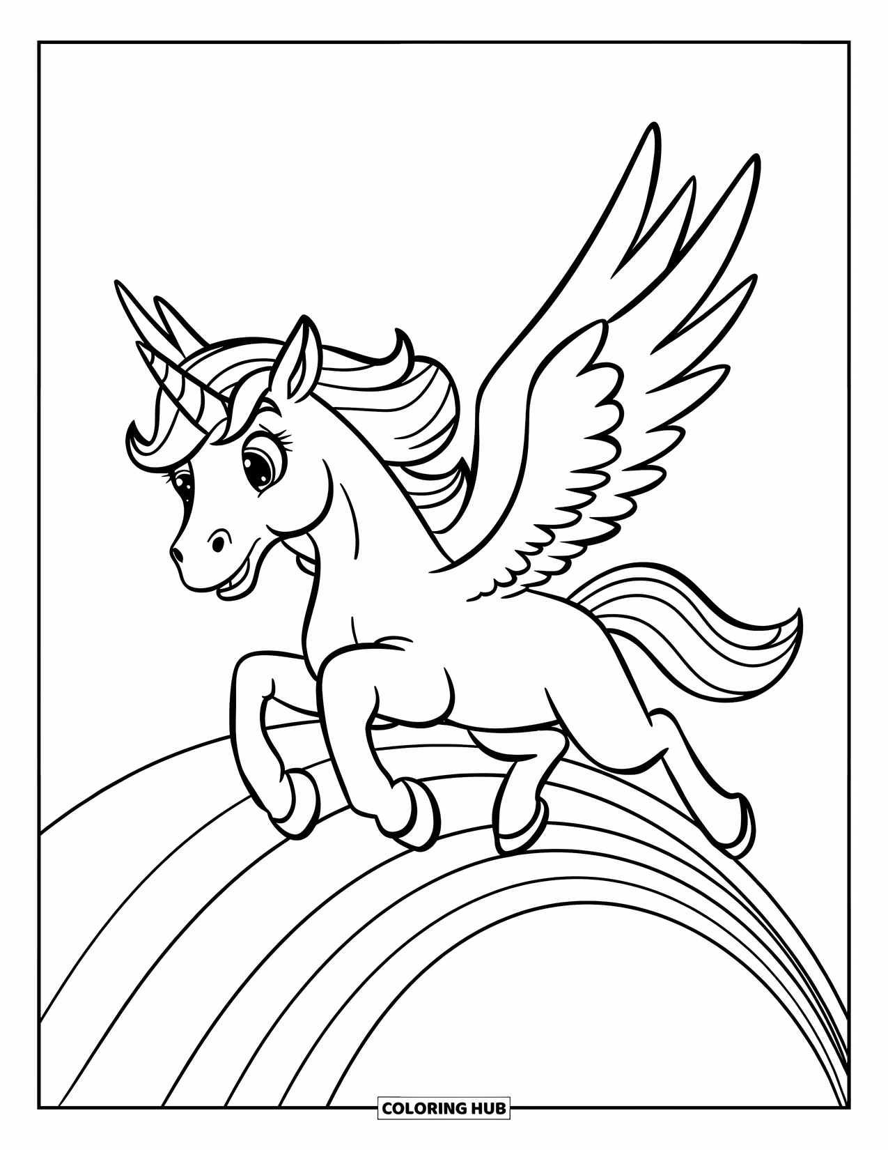 Desenho de Alicórnio para Crianças: Um alicórnio amigável voa baixo sobre uma colina em forma de arco-íris
