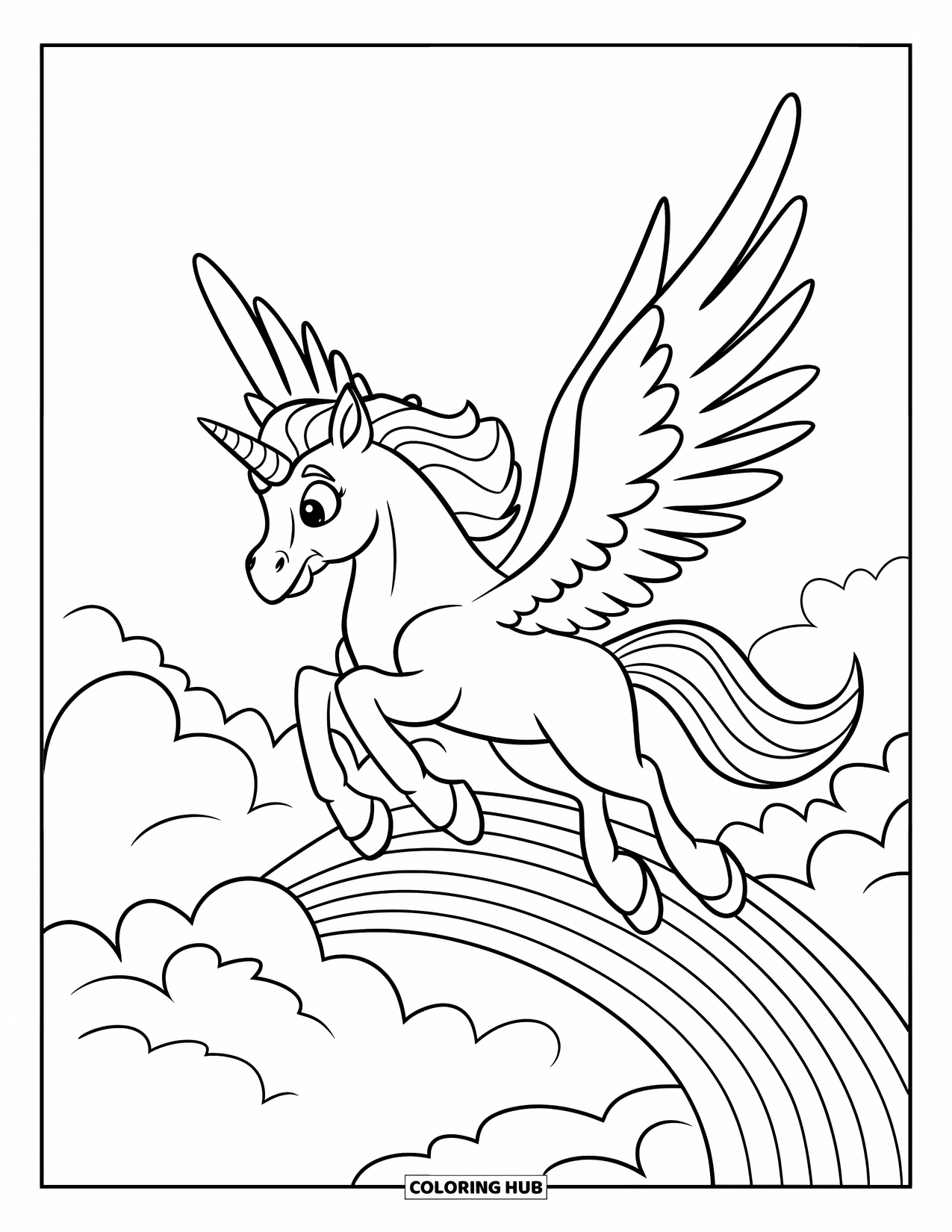 Desenho de Alicórnio para Crianças: Um alicórnio feliz voa sobre uma colina de arco-íris e nuvens fofas