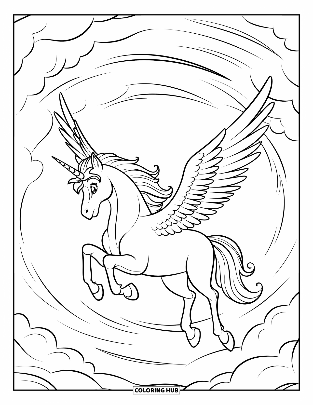 Desenho de Alicórnio para Crianças: Um alicórnio majestoso desliza através de uma espiral de nuvens fofas