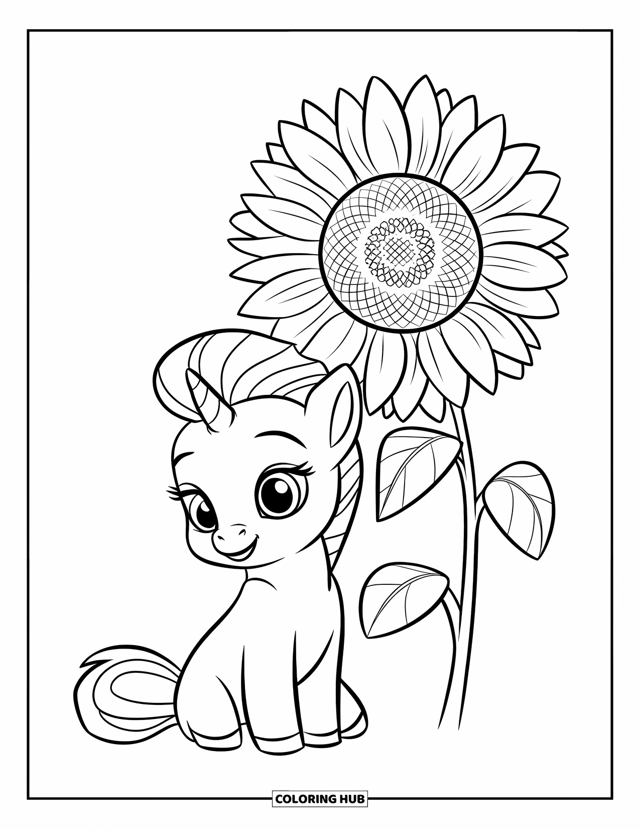 Desenho de Alicórnio para Crianças: Um bebê alicórnio listrado senta-se feliz ao lado de um girassol