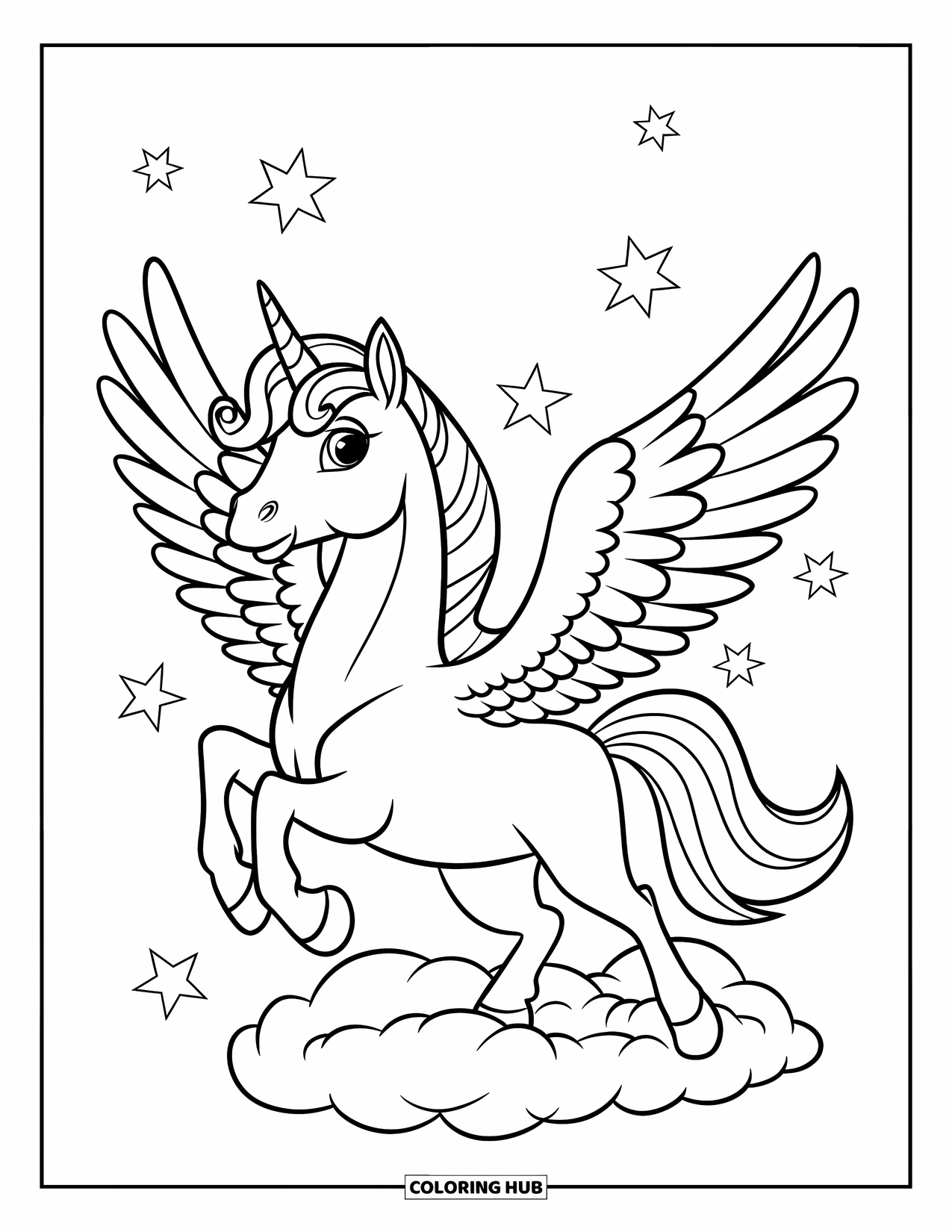 Desenho de Alicórnio para Crianças: Um alicórnio doce bate suas asas sob um céu estrelado
