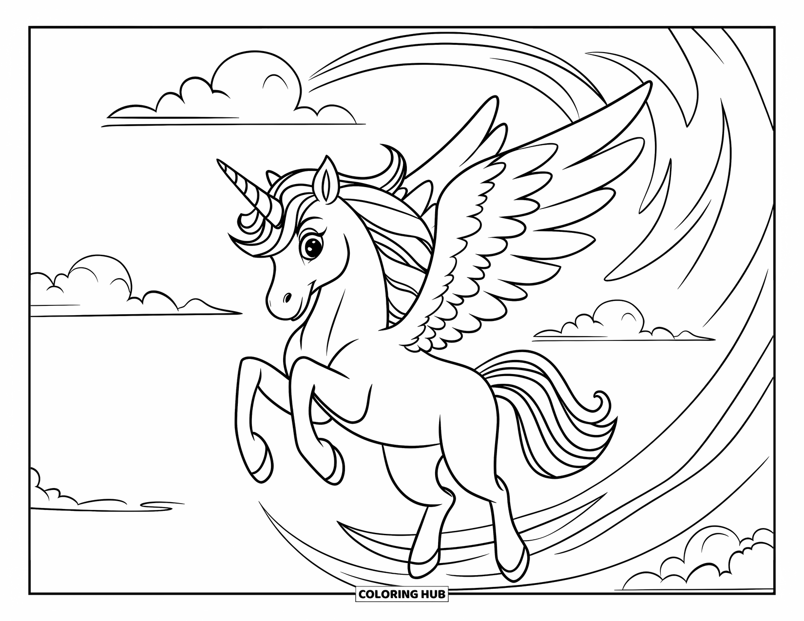 Desenho de Alicórnio para Crianças: Um unicórnio bate suas asas em frente a vento e nuvens rodopiantes