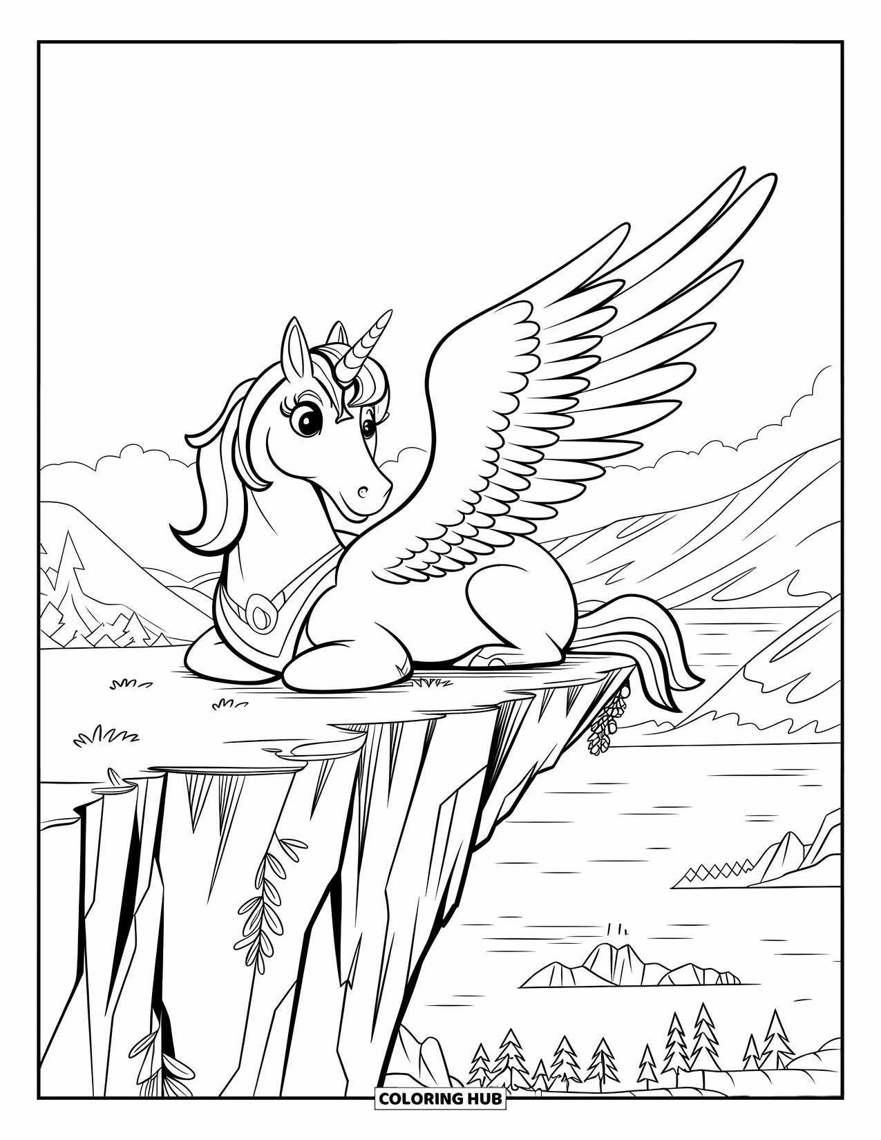 Desenho de Alicórnio para Crianças: Um unicórnio com uma coroa e asas descansa em um penhasco com vista para um vale