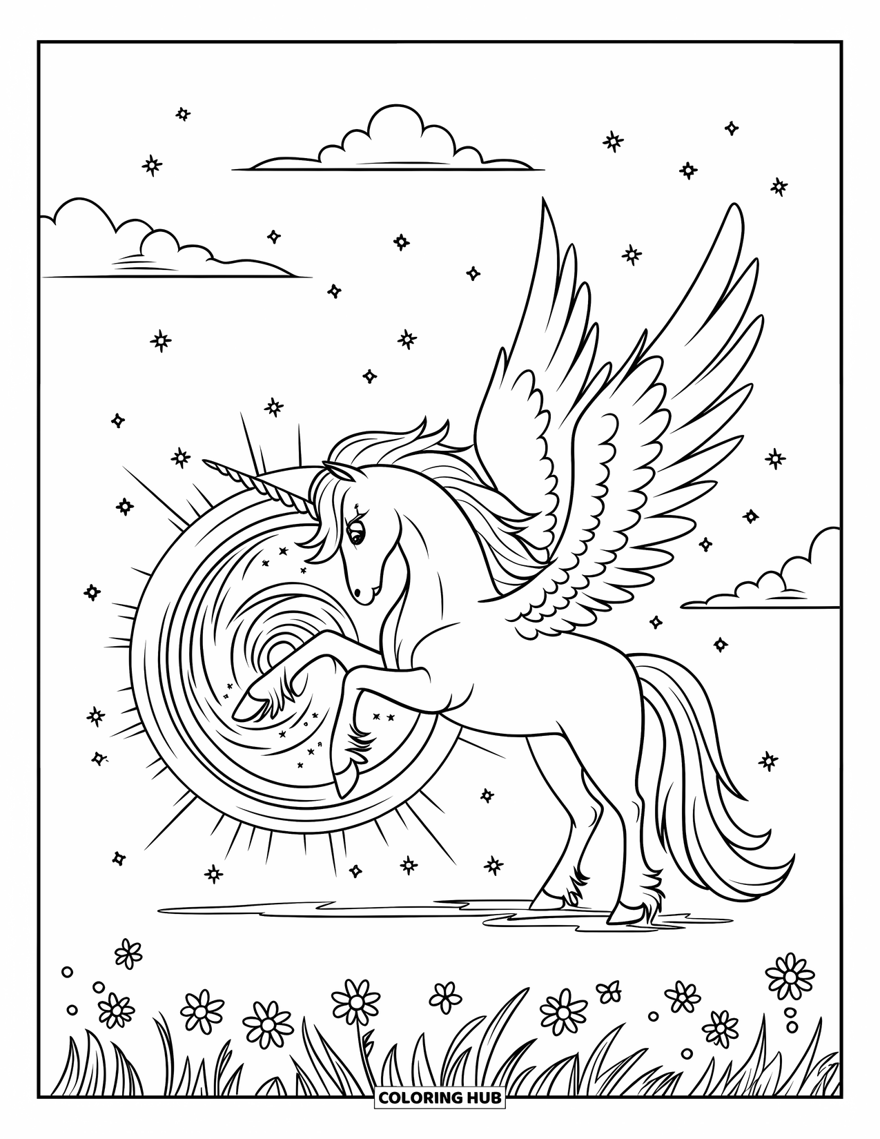 Desenho de Alicórnio para Crianças: Um alicórnio cria um portal brilhante cercado por estrelas e flores