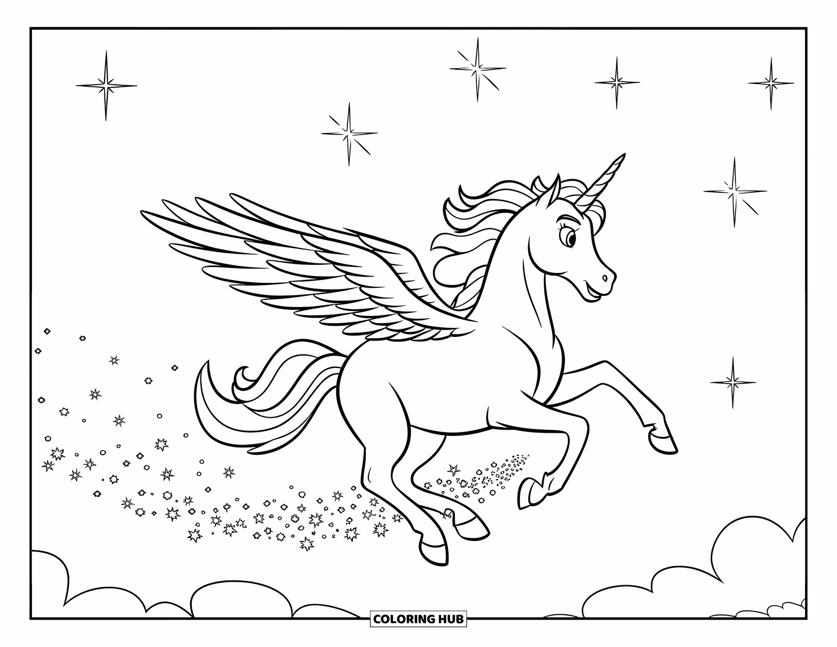Desenho de Alicórnio para Crianças: Um alicórnio corre pelo céu estrelado com brilhos atrás