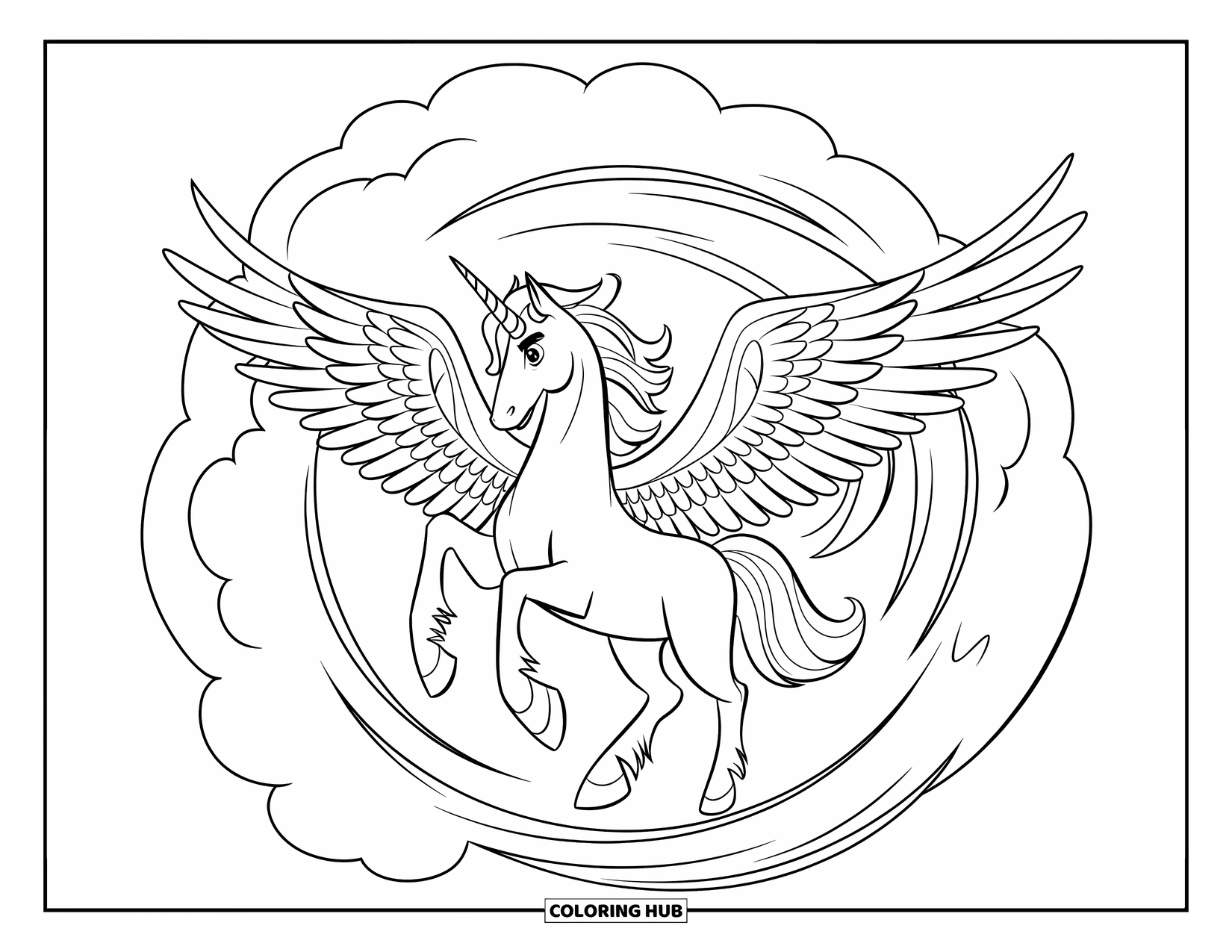 Desenho de Alicórnio para Crianças: Um alicórnio bate suas asas cercado por vento espiral