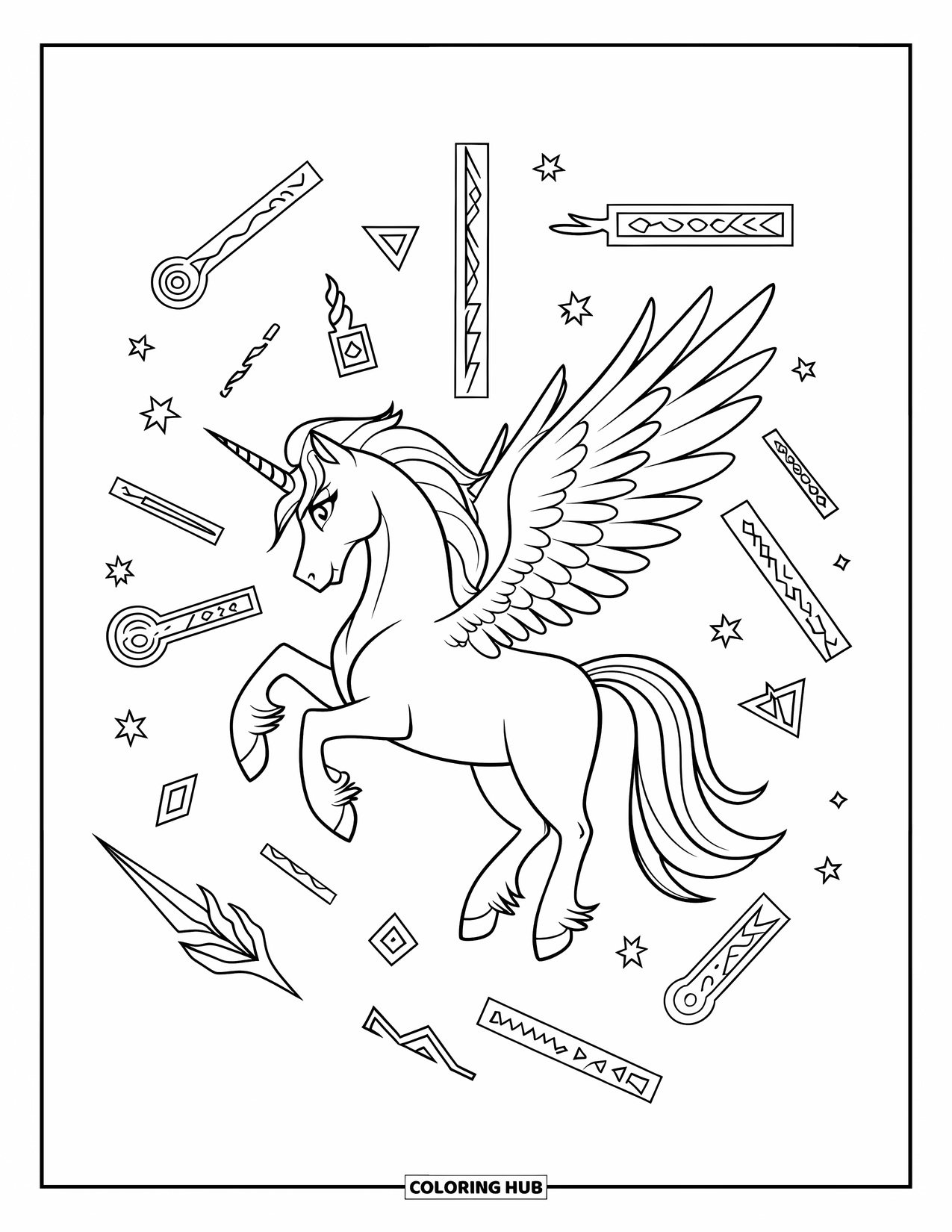 Desenho de Alicórnio para Crianças: Um alicórnio flutua com runas mágicas e símbolos de feitiço ao redor