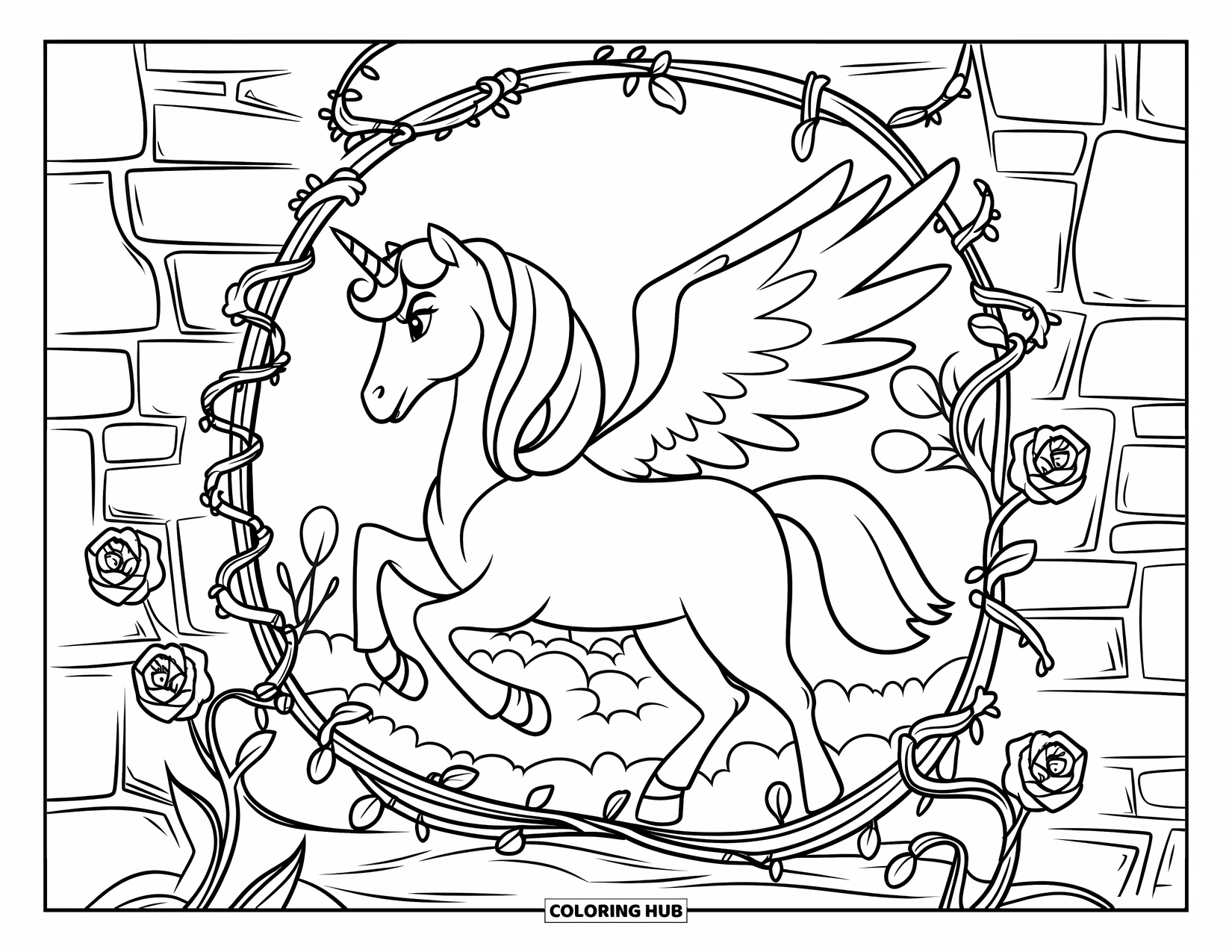 Desenho de Alicórnio para Crianças: Um alicórnio empurra através de vinhas encantadas perto de uma parede de jardim de pedra