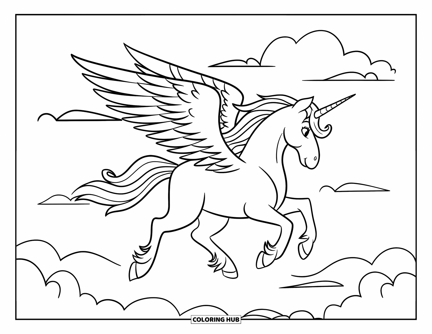 Desenho de Alicórnio para Crianças: Um alicórnio voa pelo céu acima de nuvens fofas