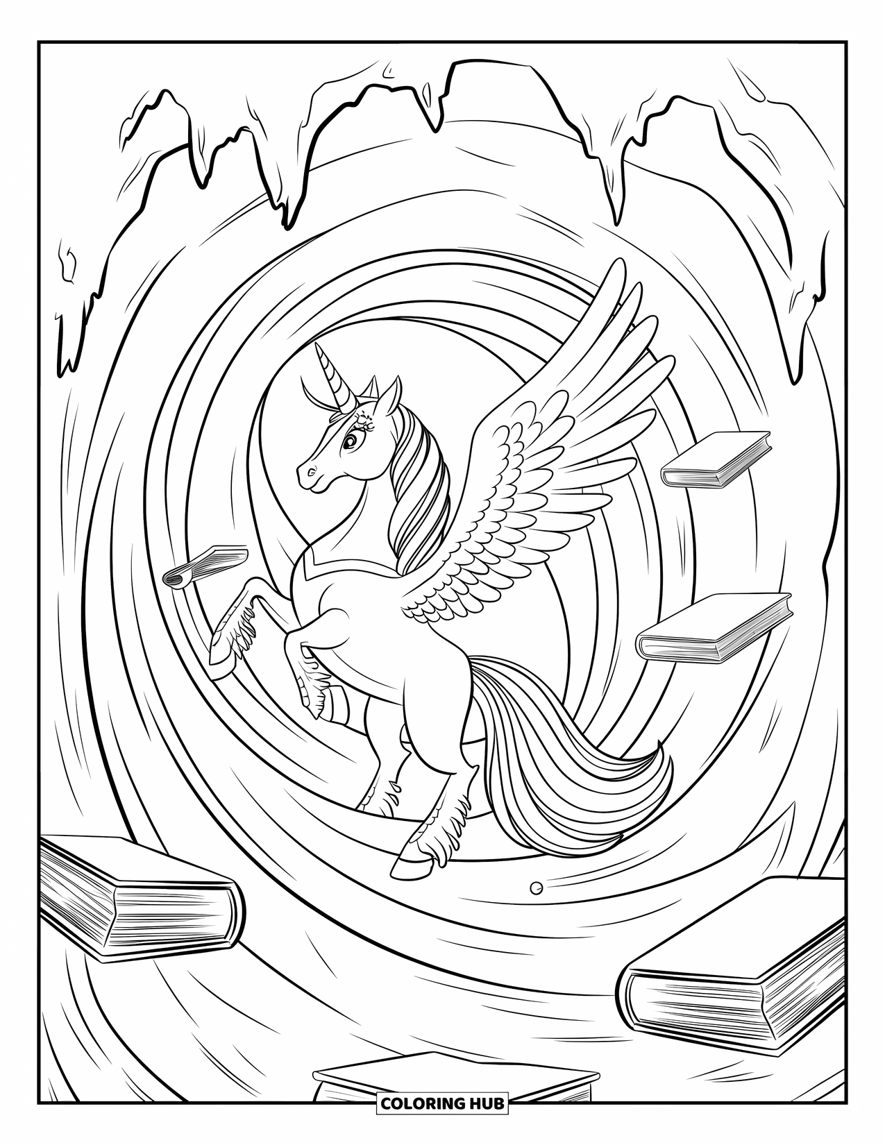 Desenho de Alicórnio para Crianças: Um alicórnio com uma auréola entra em um portal mágico cheio de livros
