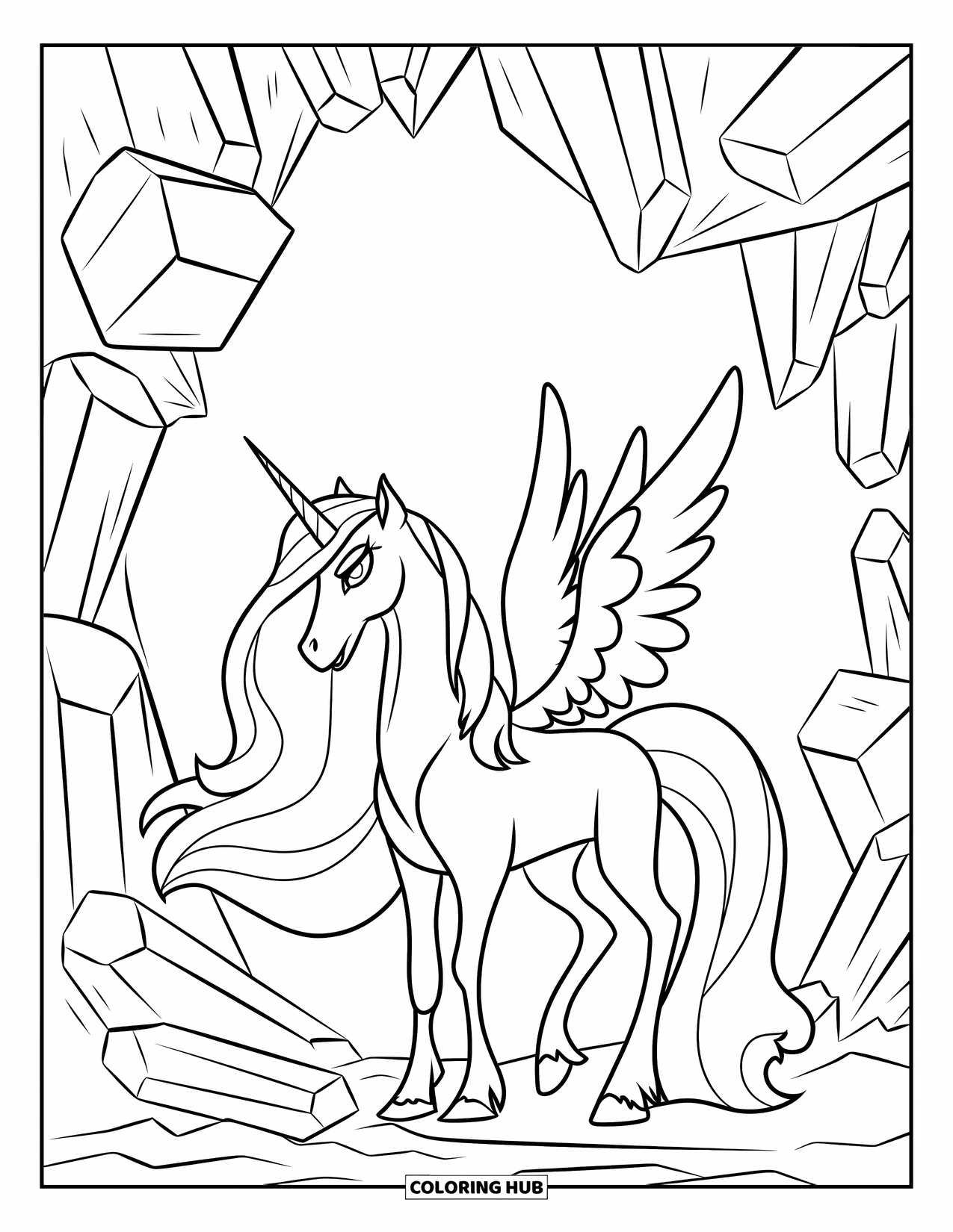 Desenho de Alicórnio para Crianças: Um alicórnio com uma longa crina está perto de uma caverna cheia de cristais