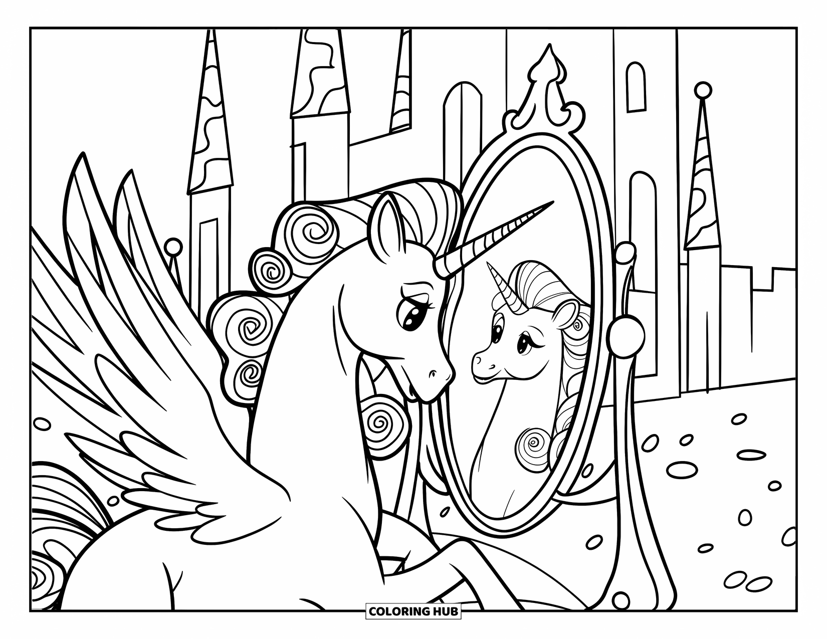 Desenho de Alicórnio para Crianças: Um alicórnio com uma crina espiral olha para um espelho perto de um castelo alto