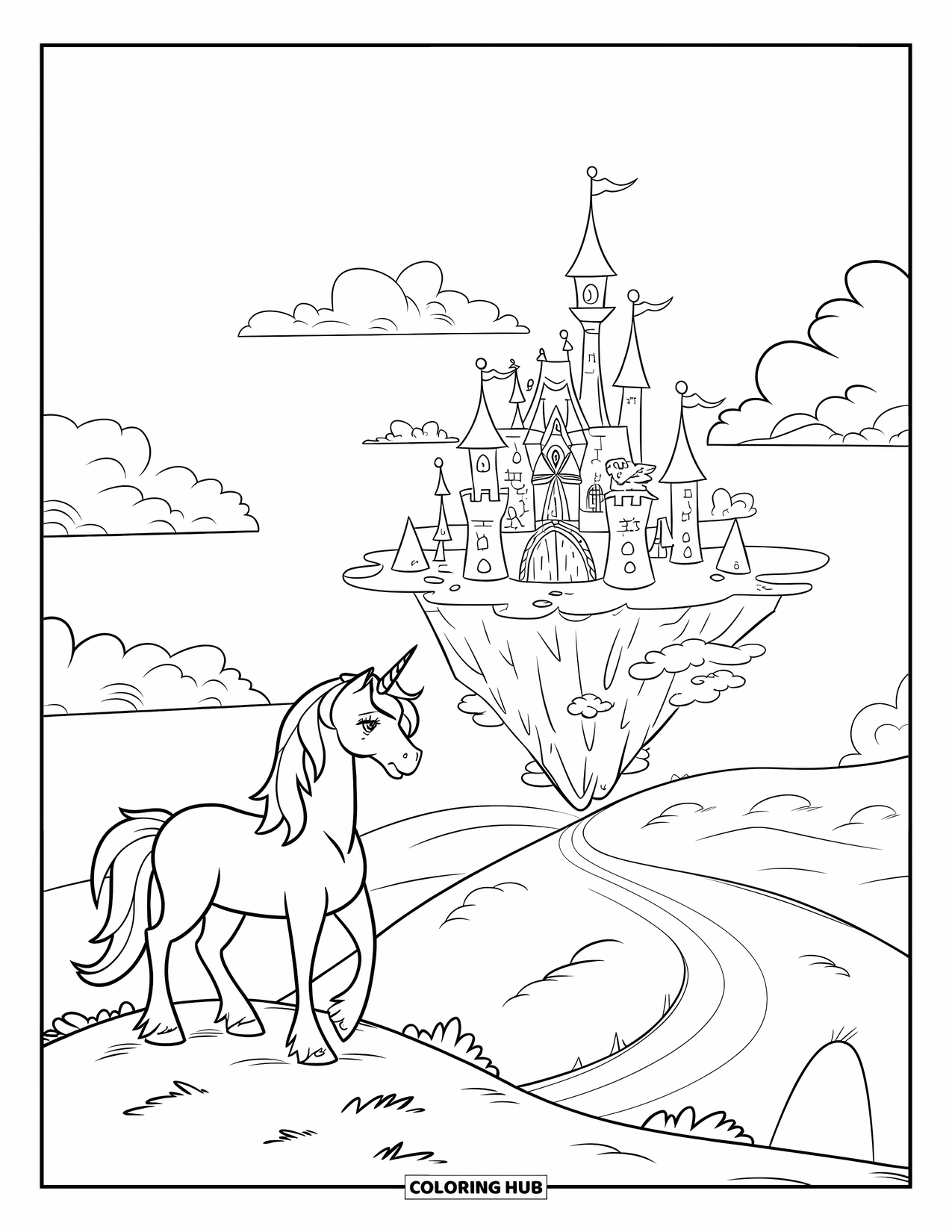 Desenho de Alicórnio para Crianças: Um alicórnio com uma cabeça de unicórnio observa um castelo flutuante perto de um lago