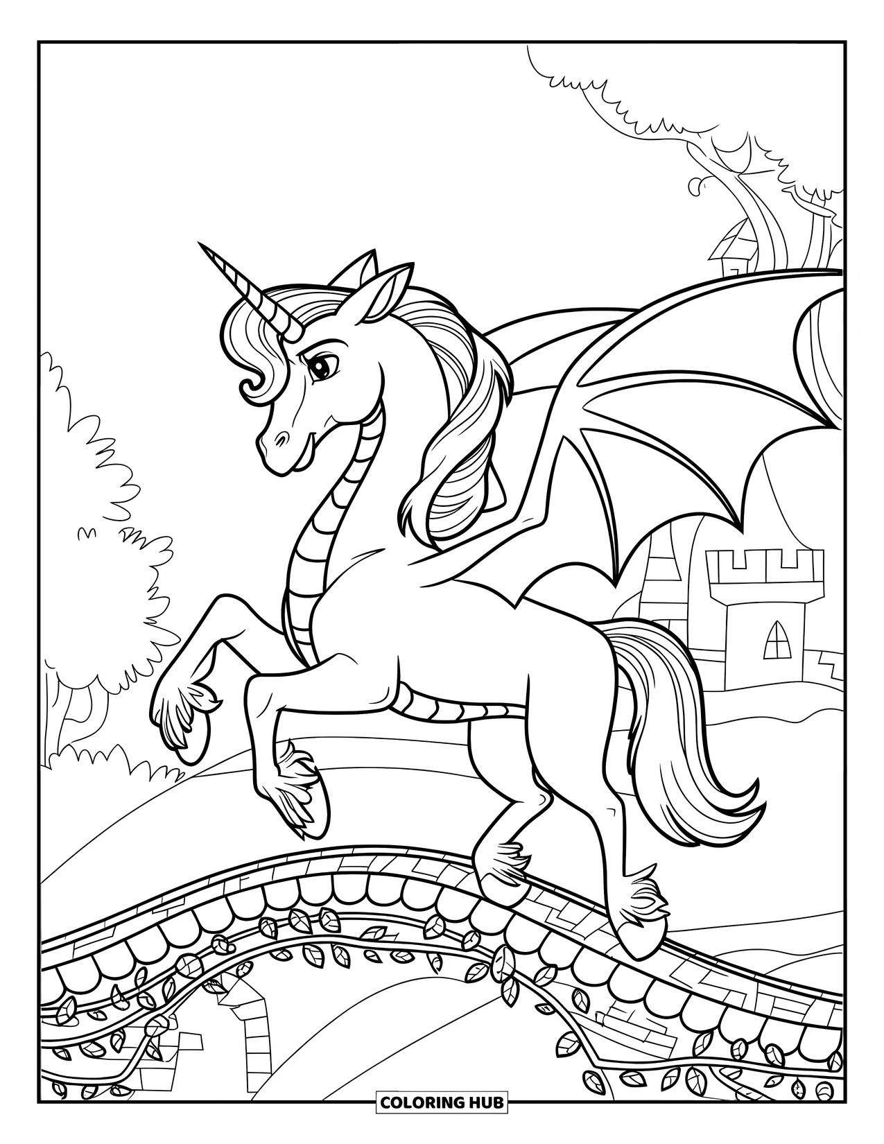 Desenho de Alicórnio para Crianças: Um alicórnio com características de dragão trota por uma ponte de vinha frondosa