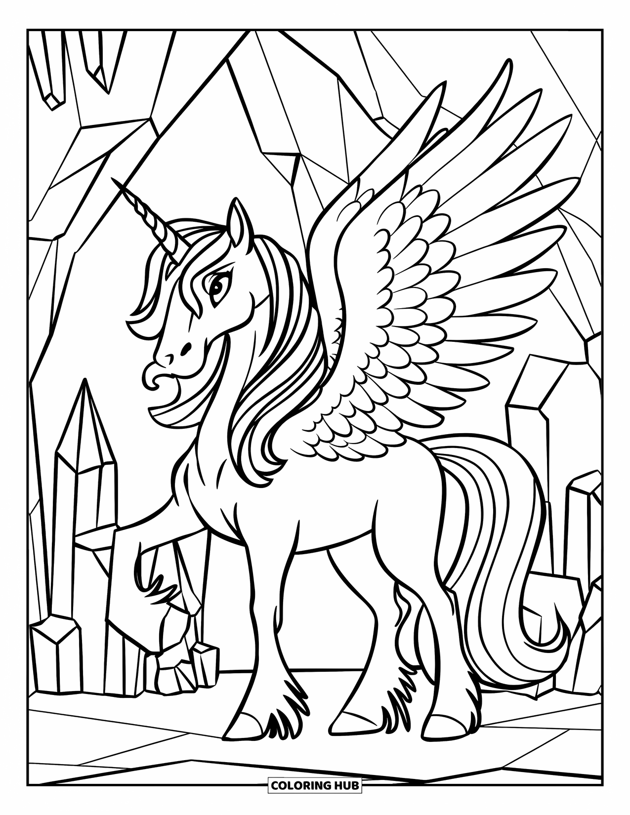Desenho de Alicórnio para Crianças: Um alicórnio com asas está ao lado de uma caverna de cristal cintilante