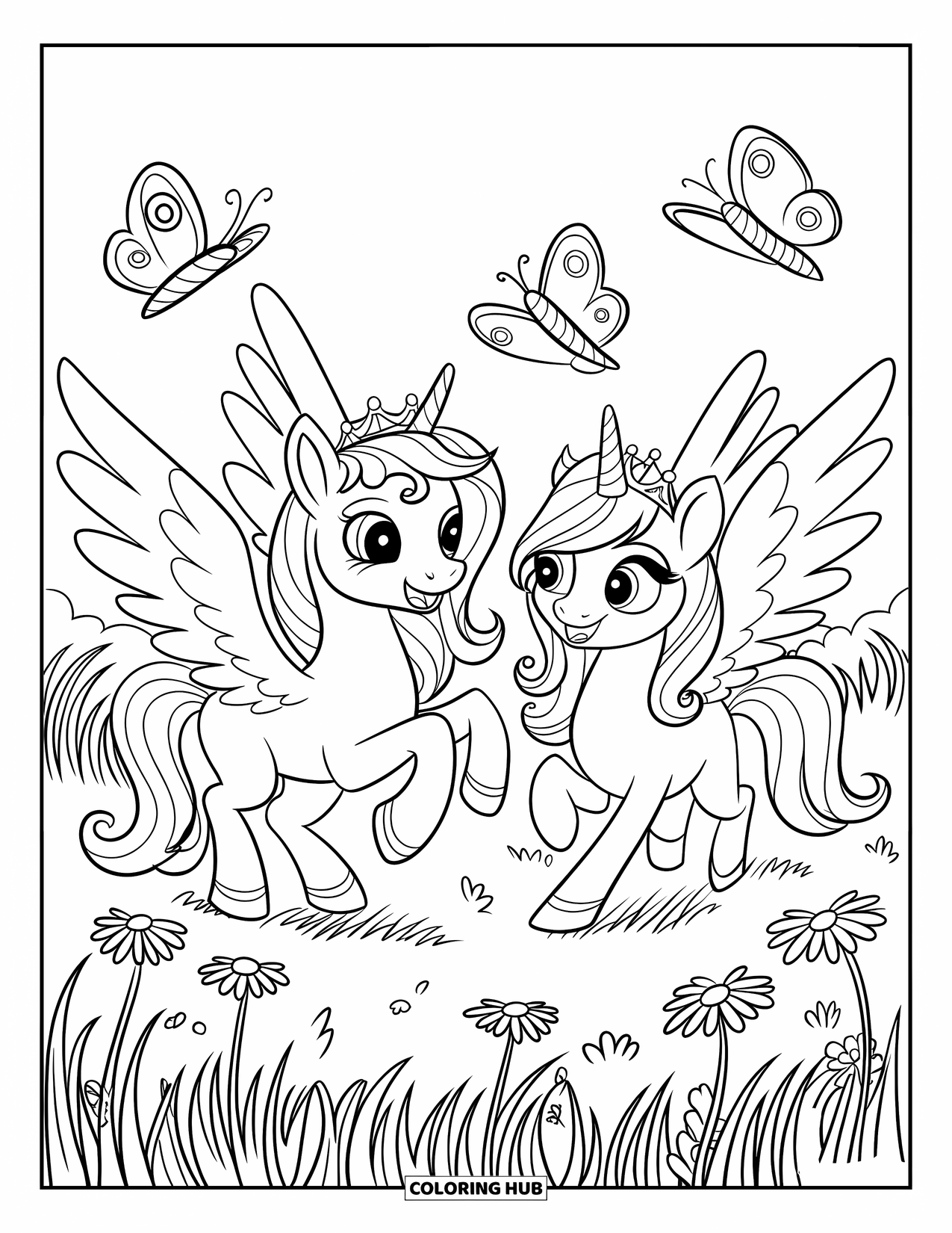 Desenho de Alicórnio para Crianças: Alicórnios brincalhões com coroas perseguem borboletas pela grama alta