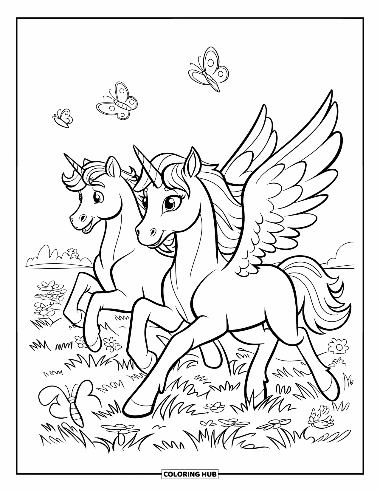 Desenho de Alicórnio para Crianças: Dois alicórnios alados galopam por um campo de flores perseguindo borboletas