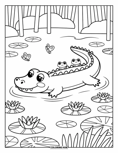 Coloriage d'alligator pour adultes : Un alligator paisible flotte avec des grenouilles sur son ventre dans un étang tranquille fleuri de nénuphars