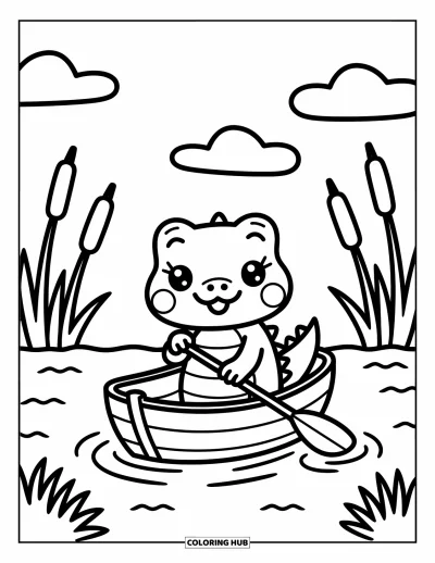 Coloriage d'alligator pour adultes : Un alligator joyeux rame doucement le long d'une rivière calme sous de doux nuages