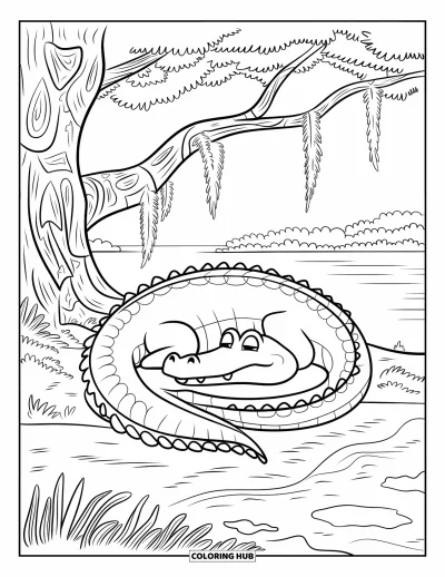 Coloriage d'alligator pour adultes : Un alligator roulé en boule fait la sieste sous un arbre moussu au bord d'un lac tranquille