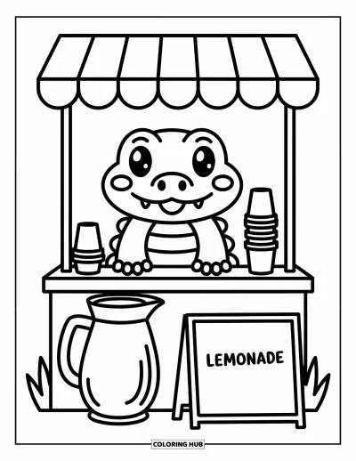 Coloriage d'alligator pour adultes : Un mignon alligator accueille depuis un stand de limonade avec des fleurs et des tasses empilées