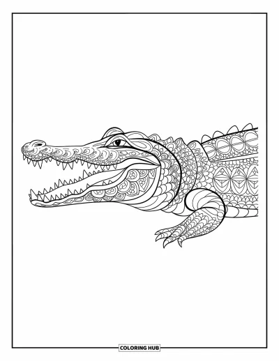 Coloriage d'alligator pour adultes : Un alligator décoré de profil ouvre la gueule sur un fond blanc immaculé