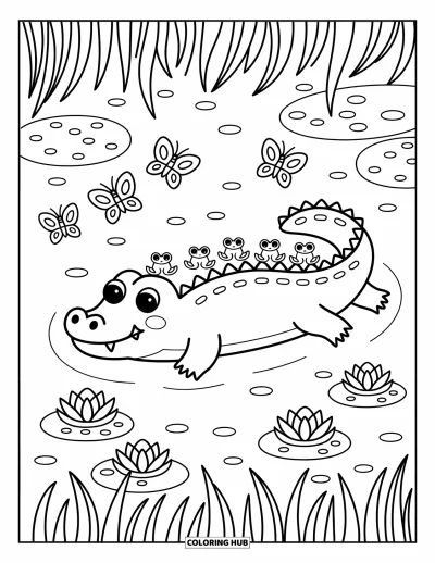 Coloriage d'alligator pour adultes : Un alligator flottant se détend entouré de grenouilles et de papillons sur des nénuphars