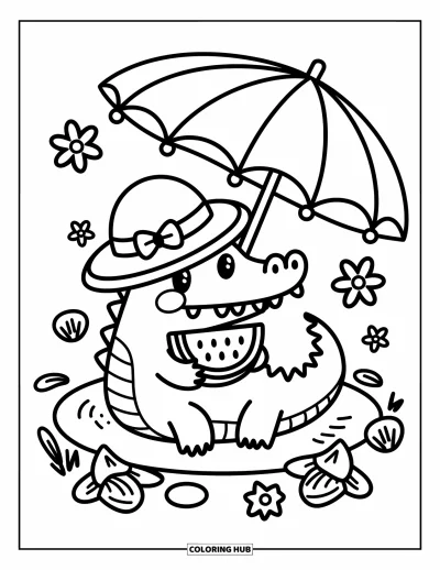 Coloriage d'alligator pour adultes : Un alligator heureux avec un chapeau de soleil déguste un melon d'eau parmi de petites fleurs tropicales