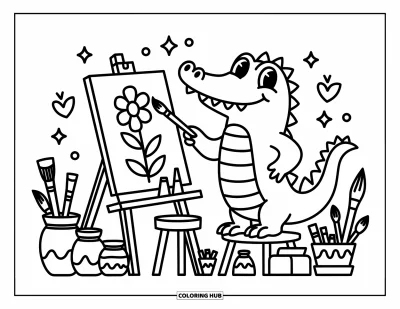 Coloriage d'alligator pour adultes : Un alligator heureux peint dans un adorable atelier plein de pinceaux et de fleurs