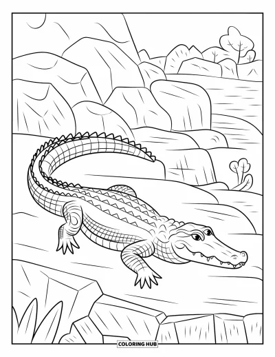 Coloriage d'alligator pour adultes : Un alligator ornemental se repose sur des rochers entourés d'arbres et de blocs de pierre