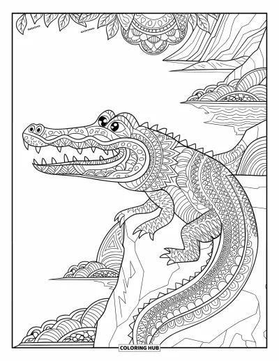 Coloriage d'alligator pour adultes : Un alligator aux écailles en mandala se repose sur un rocher au bord d'un lac paisible