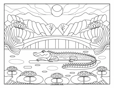 Coloriage d'alligator pour adultes : Un alligator tranquille se repose au bord d'un étang avec des lotus et une vue sur les montagnes