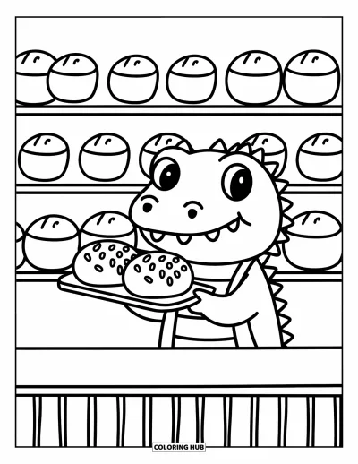Coloriage d'alligator pour adultes : Un alligator espiègle sert du pain saupoudré derrière un joli comptoir de boulangerie