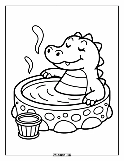 Coloriage d'alligator pour adultes : Un alligator détendu trempe dans une source chaude avec un petit seau à ses côtés